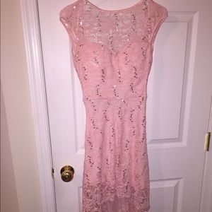 Waterfall pink sequin open back prom dress